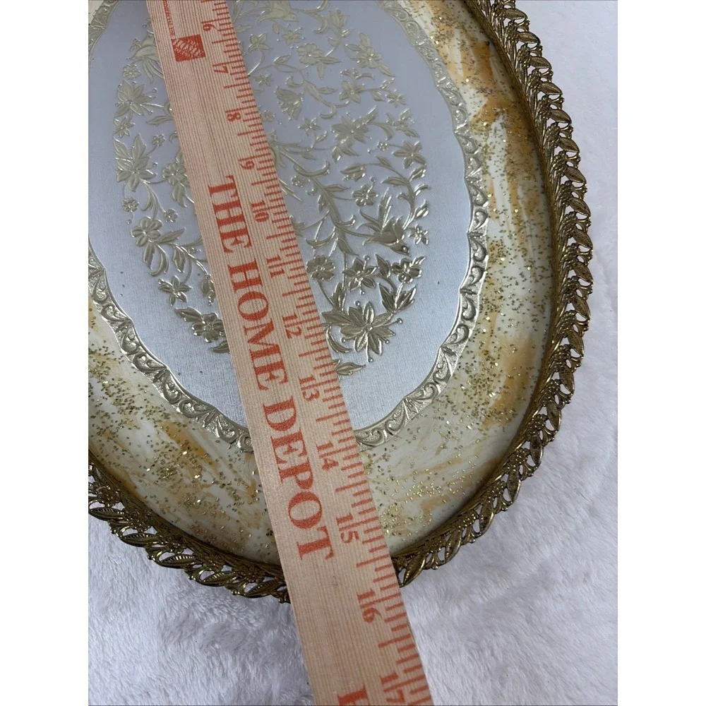 VTG 60s MCM HOLLYWOOD REGENCY GLASS & BIRD FLORAL FILIGREE ORMOLU VANITY TRAY